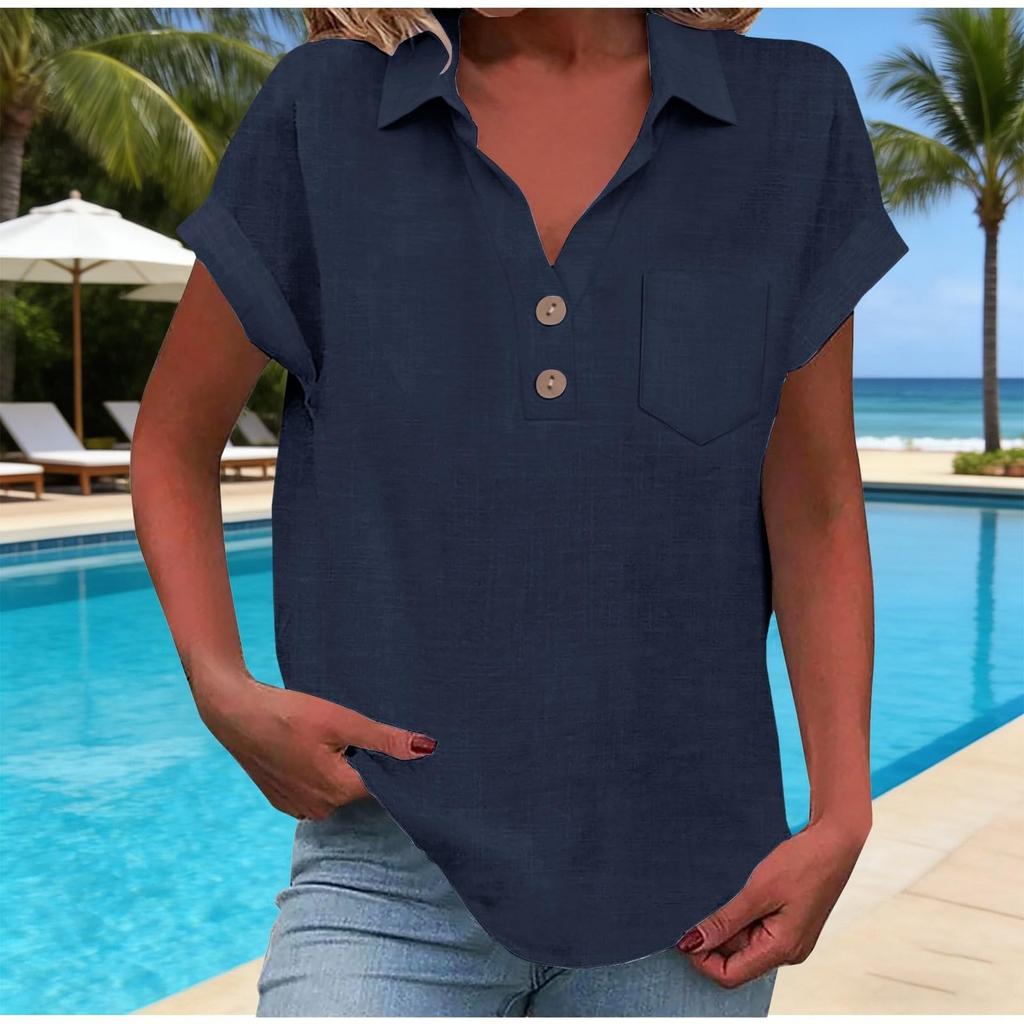 Women's Fashion Casual -Colour Buttoned Pocket Collared Short-Sleeved Shirt T-Shirt Top