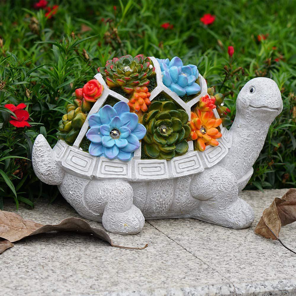 Solar-Powered Resin Succulent Turtle Garden Statue with LED Lights