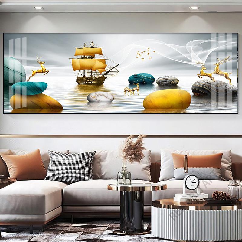 New Chinese Fengshui Golden Zen Stone Canvas Painting Wall Art Rich Tree Posters Gold Deer Prints for Living Room Home Decor