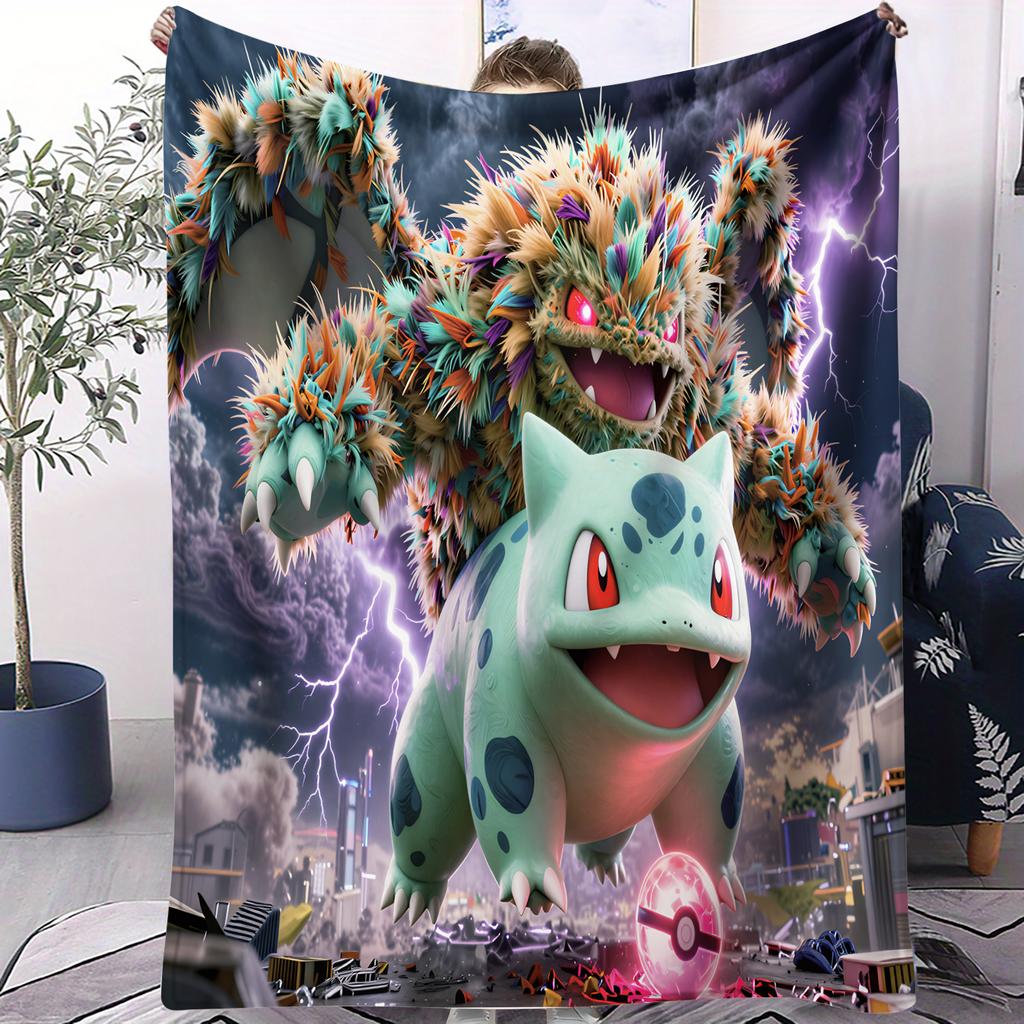 Cartoon Pikachu Bulbasaur Printed Flannel Blanket For Office Travel Comfort Leisure Camp Multifunctional Universal Blanket Gife
