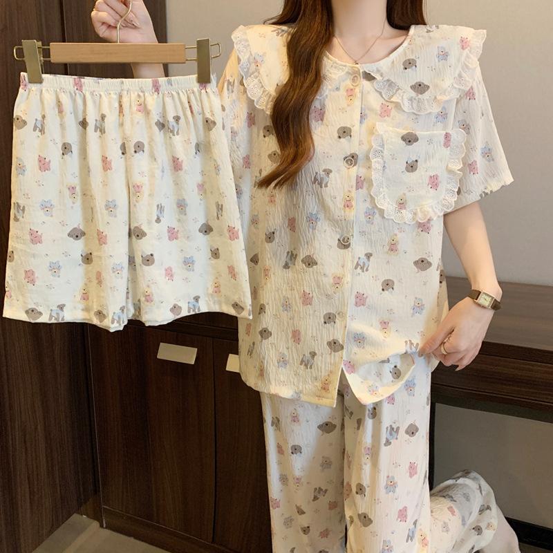 Japanese Style Lace Doll Collar Cartoon Short-Sleeved Pajamas Women'S Summer Cloud Cotton Three-Piece Loungewear