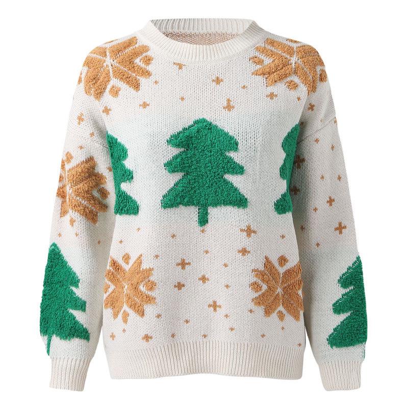 2025 Women's Embroidered Christmas Sweater - European & American Style Crew Neck Pullover with Snowflake and Tree Design