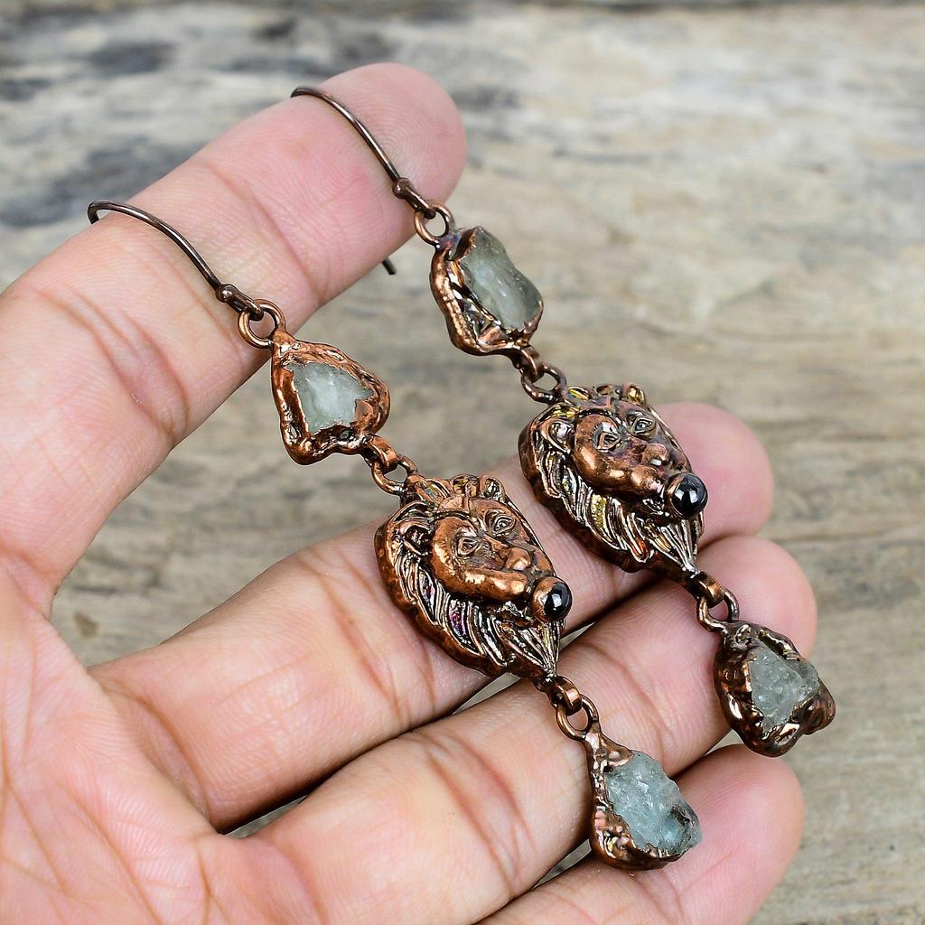 Aquamarine Rough Earring Electroformed Copper Earrings Gemstone Handmade Jewelry Lion Face Earring Beautiful Copper Jewelry Gifts for Mother