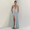 J26DS080 European & American Women's V-neck Tie-up Slit Dress - Spring/Summer Collection