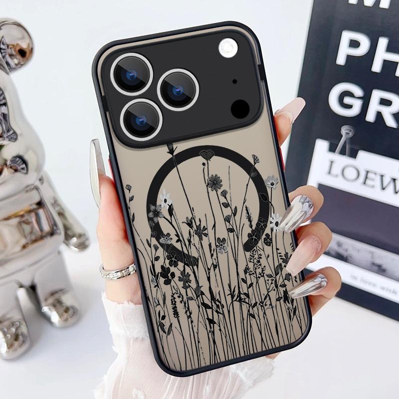 Magnetic Simple Flower Phone Case For iPhone 17 15 16 Pro Max 14 13 Pro 17 For Magsafe Wireless Charge Soft Edge Hard PC Cover