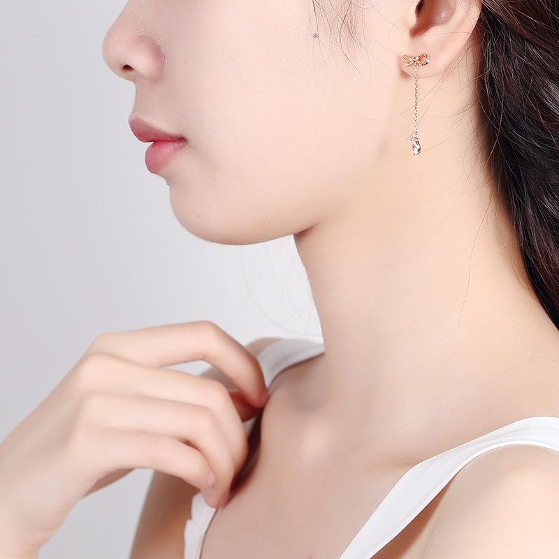 Original Bow with Diamond Long Super Fairy Fringed Earrings Korean Version of Simple Temperament Water Drop Earrings