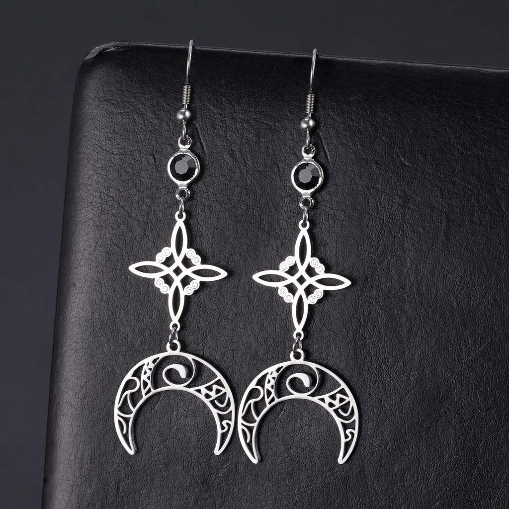Witch Knot Moon Earrings Stainless Steel Black Birthstone Drop Earrings for Women Celtics Knot Lucky Irish Amulet Wiccan Jewelry