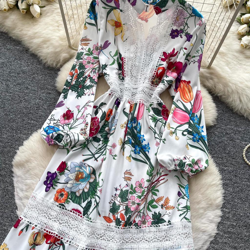 2026 New Floral Print Lace Patchwork Maxi Dress Women Elegant V Neck Long Sleeve White Casual Party Long Dresses Bohemian Robe
