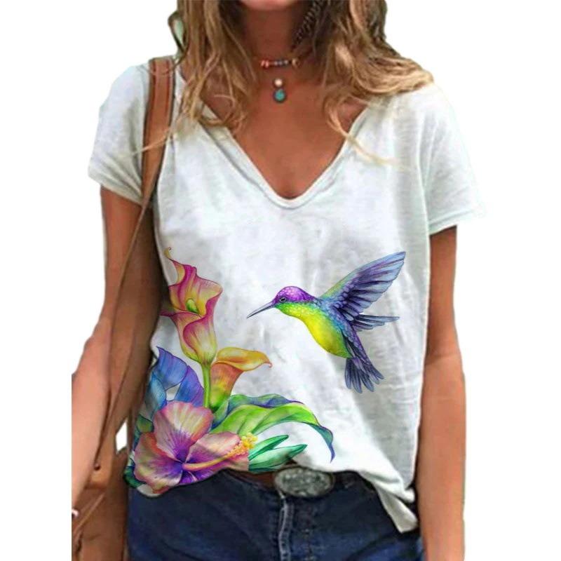 Summer V-neck 3D Bird Printed Top Fashionable Casual Short Sleeved Women's T-shirts