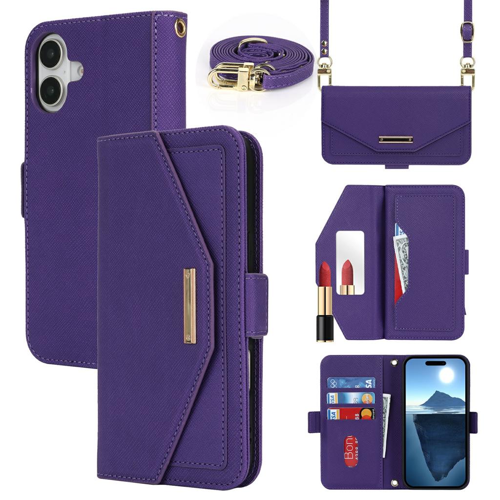 For iPhone 16 Stand Case Cross Texture PU Leather Wallet Phone Cover with Shoulder Strap/Makeup Mirror