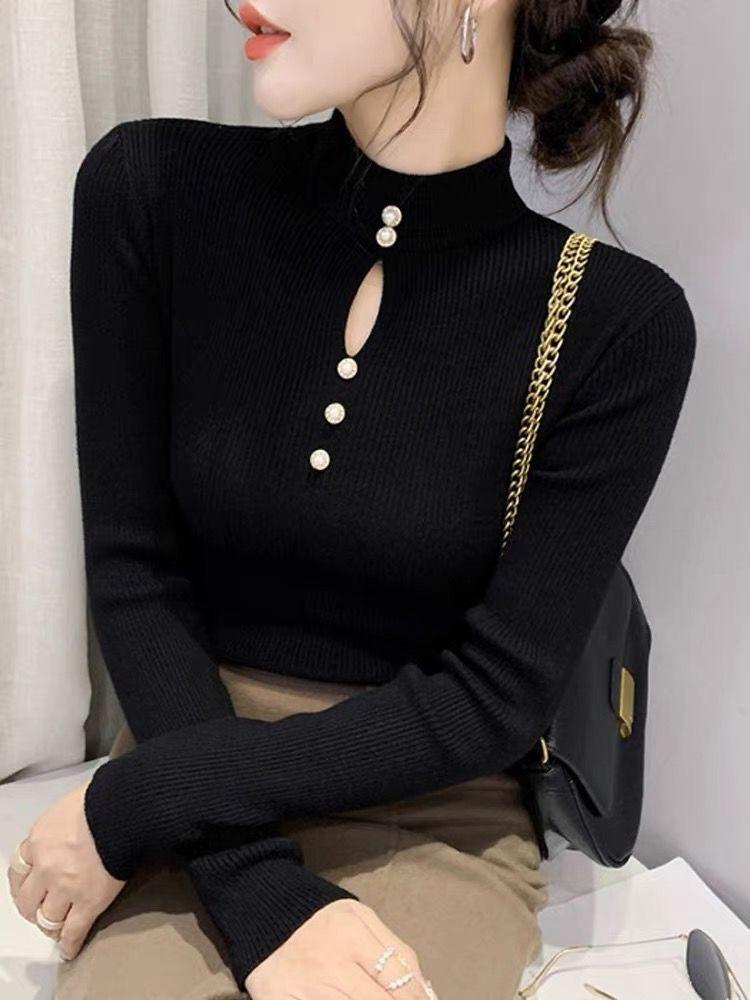 

2025 autumn new women s semi-turtleneck knitted sweater women s long-sleeved fashion soft waxy bottoming sweater top one size fits all чёрный