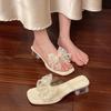 Fashion Transparent Rhinestone Slippers Summer Outside Wear Fashion Shoes for Women Crystal Middle-heeled Bowknot Ladies Slides Shoes