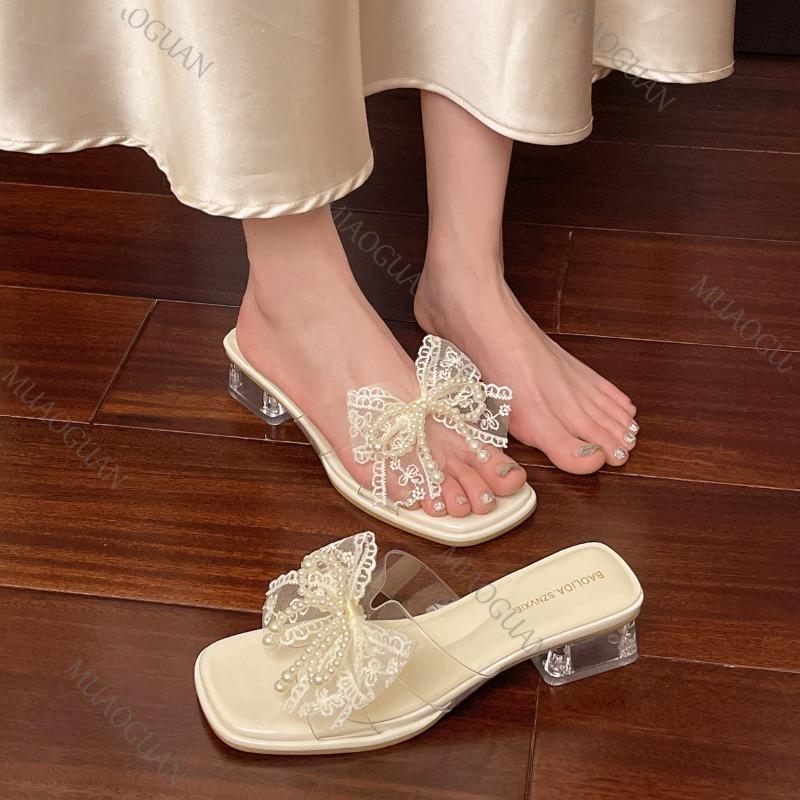 Fashion Transparent Rhinestone Slippers Summer Outside Wear Fashion Shoes for Women Crystal Middle-heeled Bowknot Ladies Slides Shoes