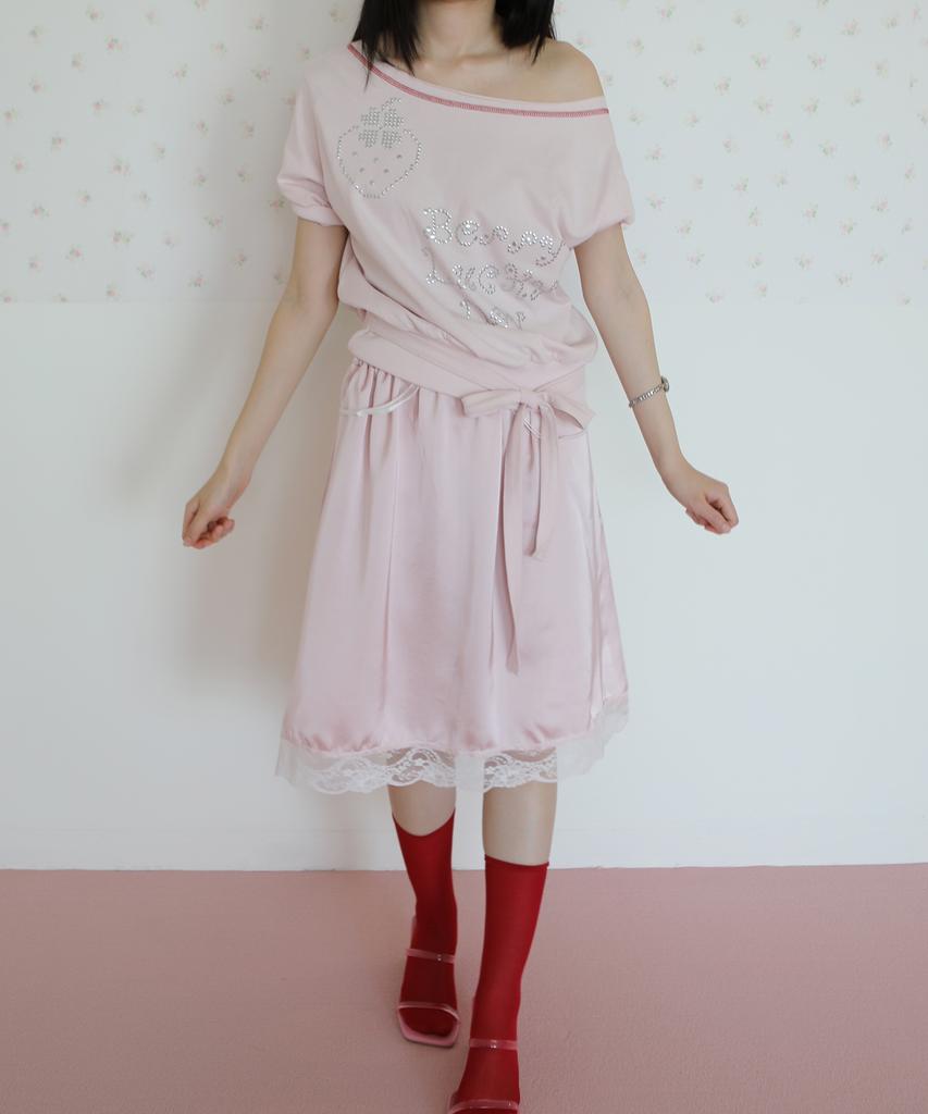 NOFFICIALNOFFICE Satin Ribbon Lace Slip Dress Pink