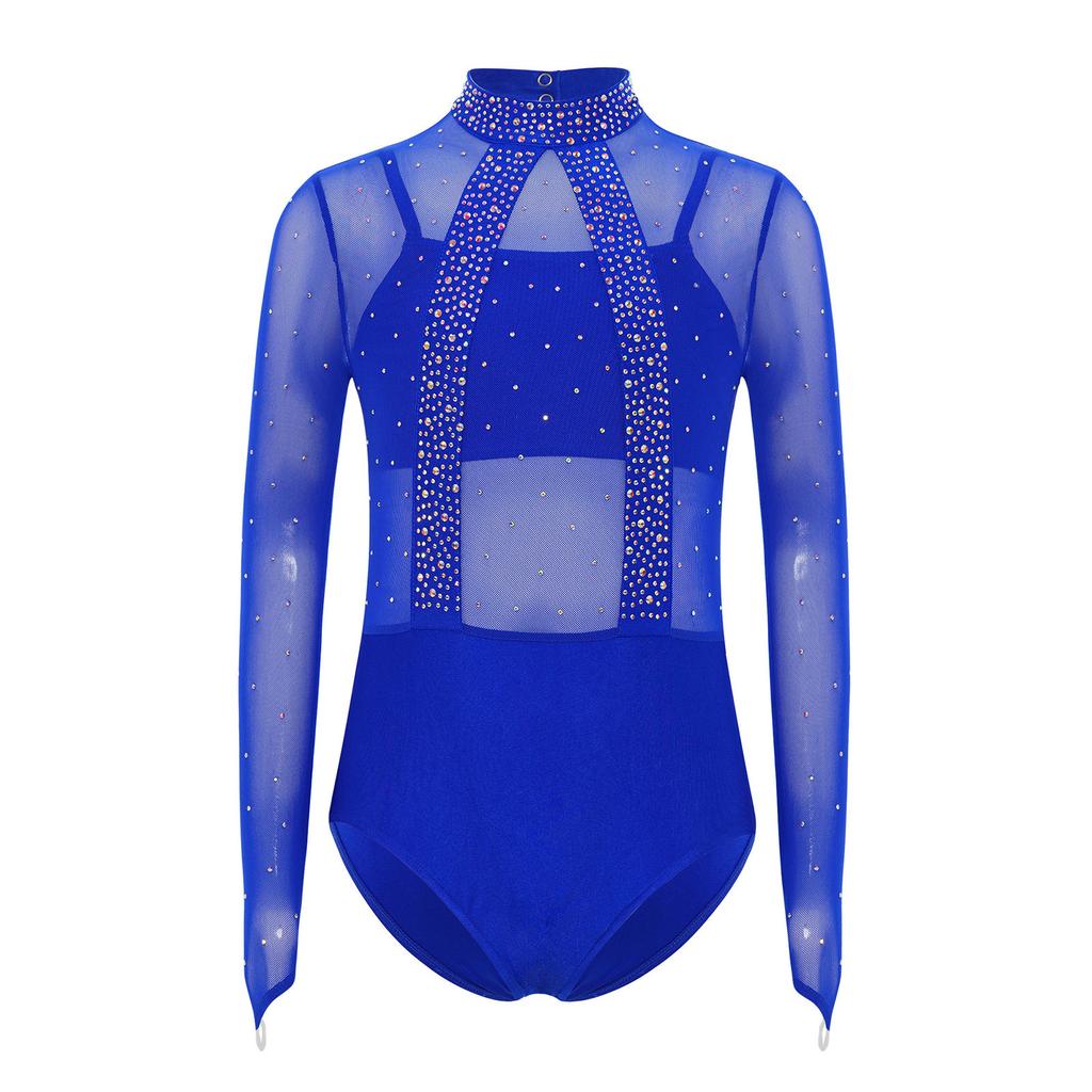 Leotard für Mädchen für Auftritte mit funkelnden Strasssteinen & Netzoberteil: Rollkragen Langarm Cut-out Rücken, Mit passendem Unterhemd, Leggings & Haarband