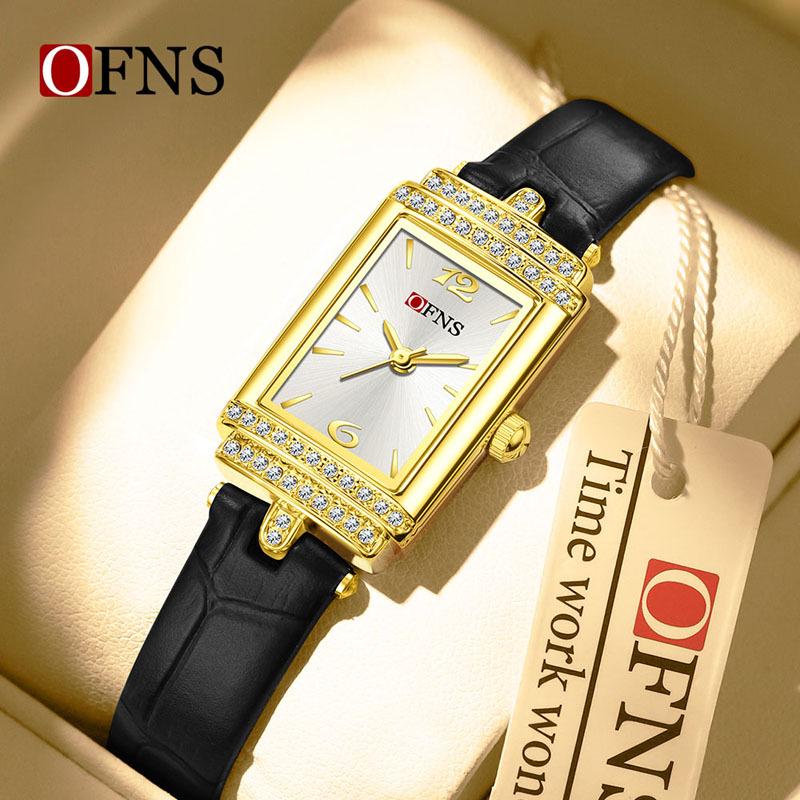 OFNS Women's Luxury Square Leather Strap Watch - Waterproof Quartz with Diamond Detailing