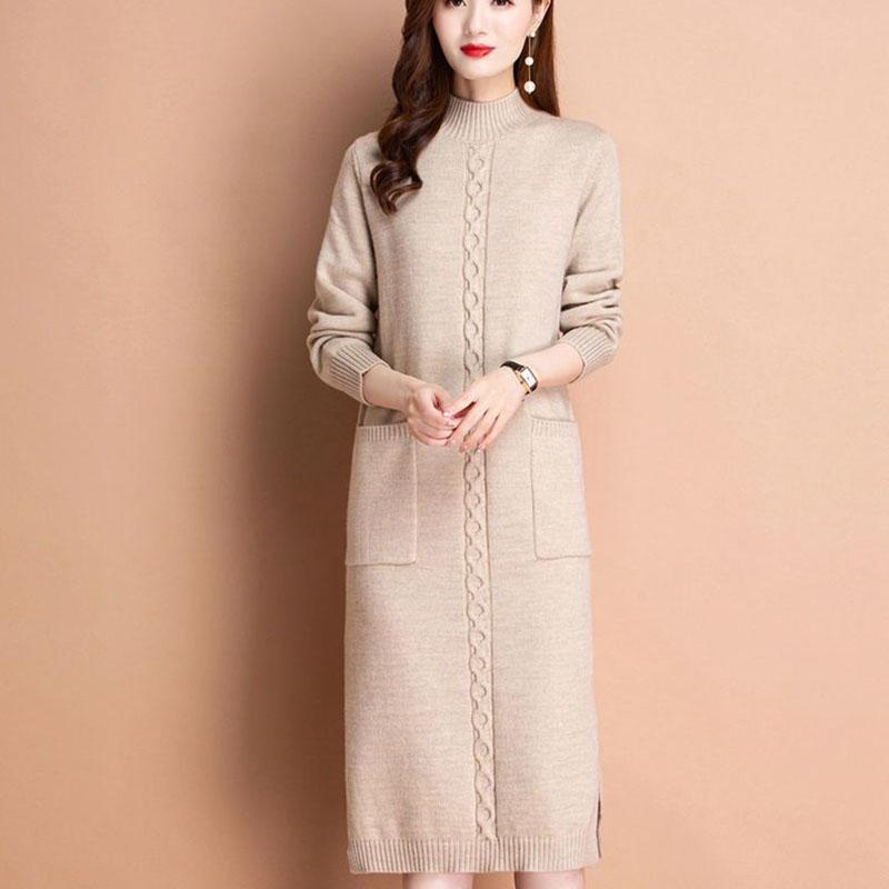 Autumn Winter Women's Half Turtleneck Knit Dress Slim Fit Solid Color Pullover Long Sweater Dress