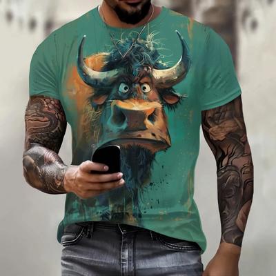 Camiseta para homem com estampa 3d Angry Bull Print Tees Tops Moda Masculina Estampa Animal Camiseta Oversized Streetwear Gola O Moda