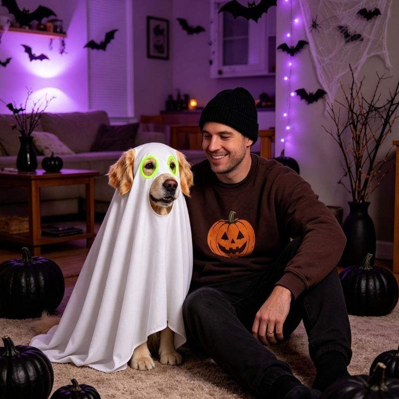 Party Photo Dog Costume for Halloween, Soft Fabric Pet Outfit for Dogs with White Draped Styling, Face Opening, and Holiday Gathering Appeal