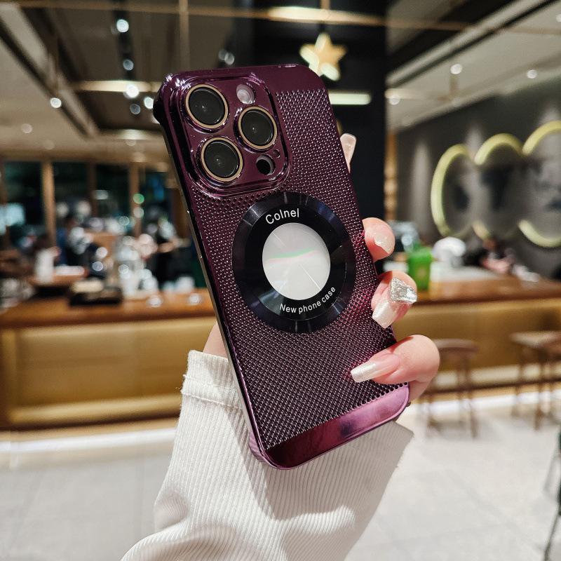 Applicable to iPhone16PRO mobile phone case Apple 15 heat dissipation electroplating borderless mesh case 143 magnetic suction hollow anti-drop