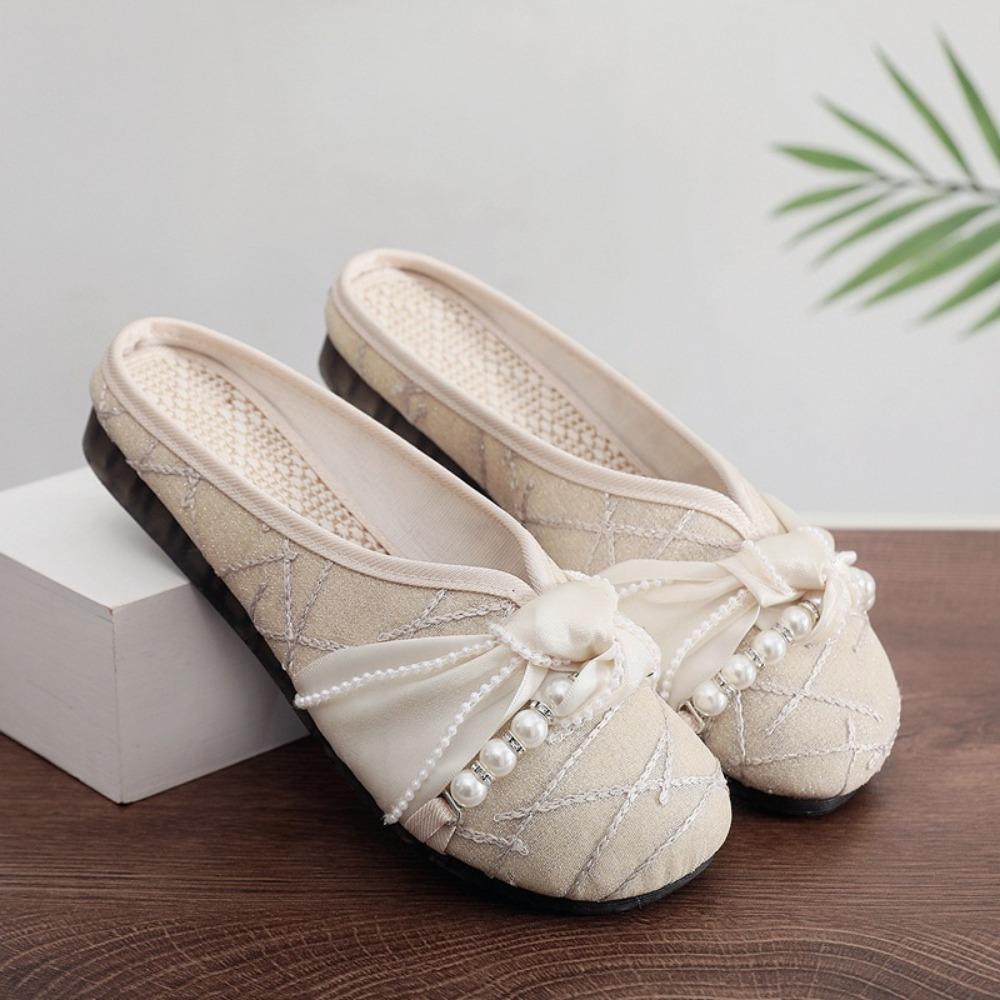 Women Slippers Summer Cloth Shoes Ethnic Style Linen Flat Slippers Women's Outside Baotou Half Dragged Women Sandals Bead Style