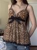 European Leopard Print Lace-Up Camisole with Bow Tie, Lace Trim, and V-Neck Slim Fit.