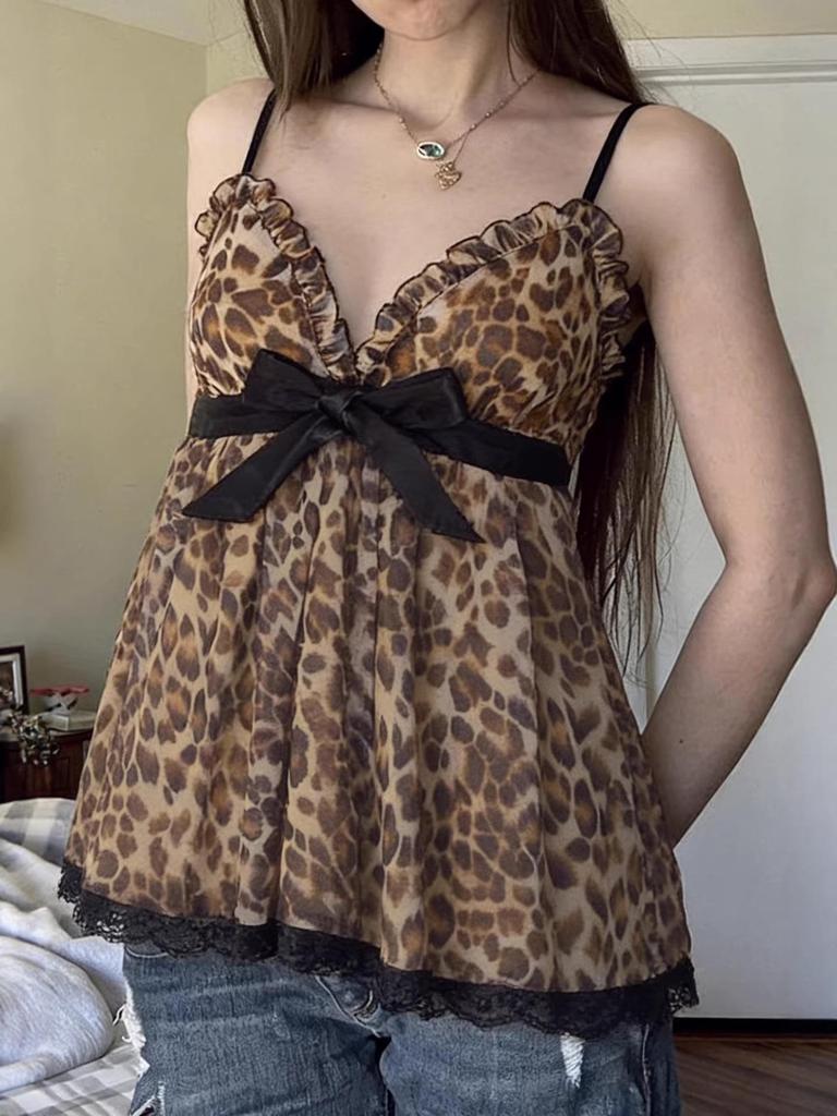 European Leopard Print Lace-Up Camisole with Bow Tie, Lace Trim, and V-Neck Slim Fit.