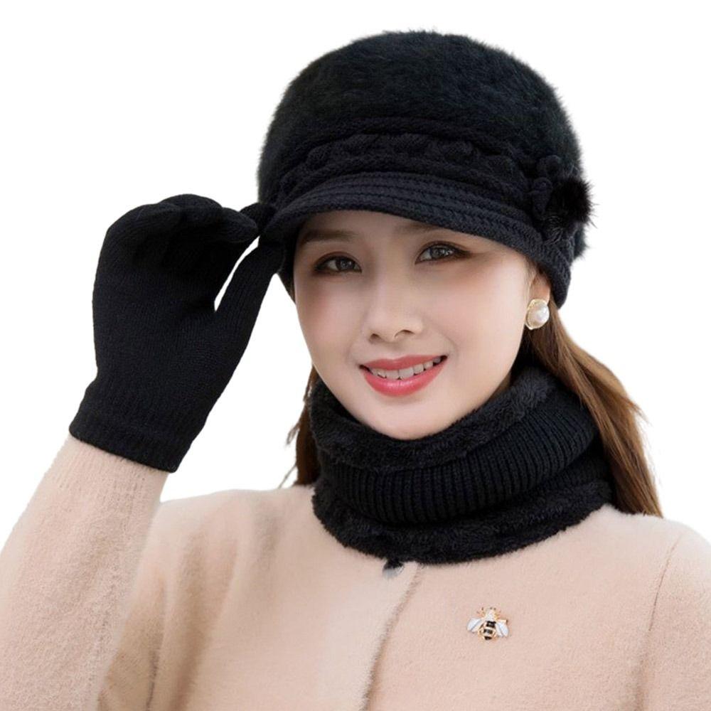 3Pcs/Set Warm Scarf Gloves Set Neck Protection Beanies Hat Winter Knitted Hat  Women