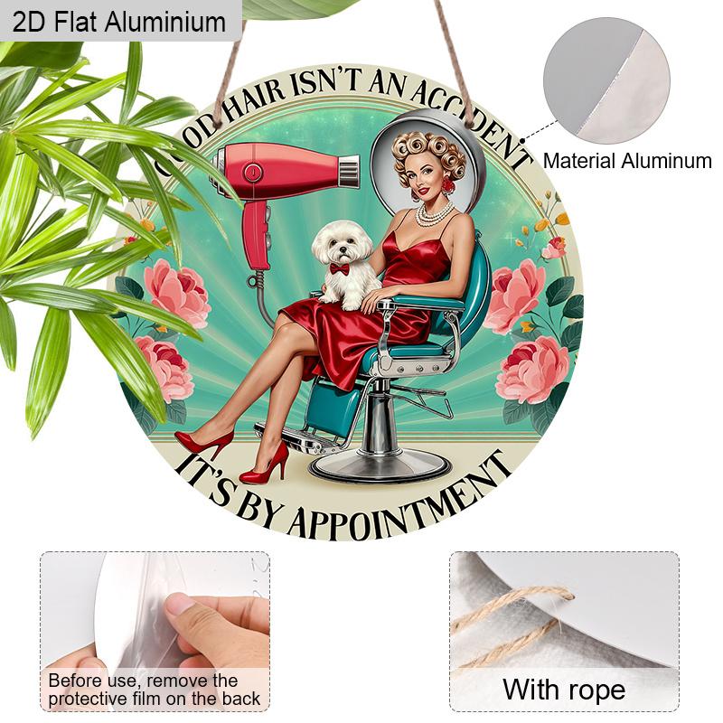 2D Flat Aluminum Vintage Metal Wreath Round Sign Hairdresser Poster, Hair Salon Decor, Hair Salon Suitable for Home and Kitchen Bar Cafe Garage Wall