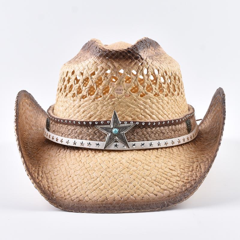 Natural Straw Sun Hat for Women Men Summer Curling Brim Western Style Cowboy Hats