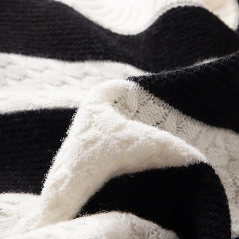 TUHUANG Women's Thickened Pure Wool Striped Color Block Round Neck Sweater