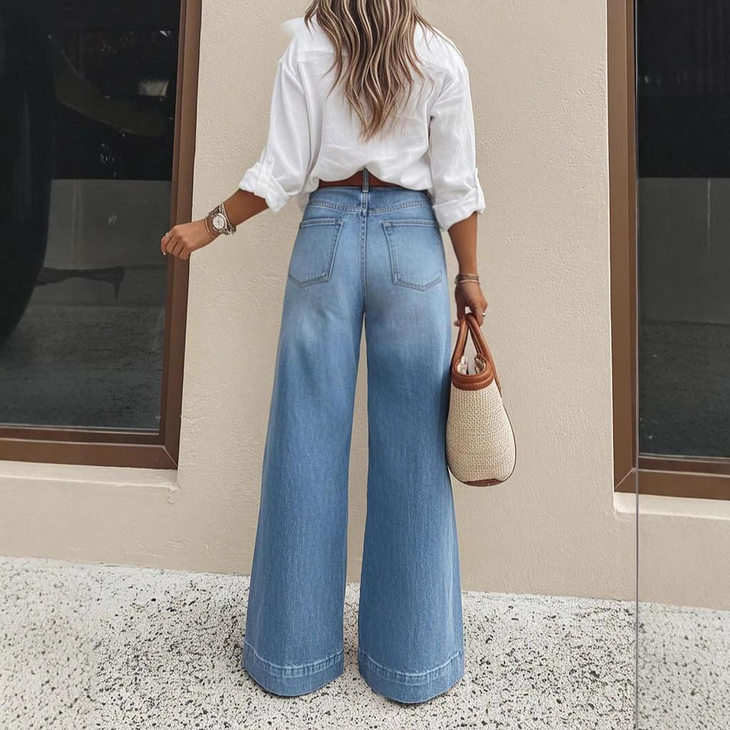 Frühling und Sommer Neuer Stil Vintage gewaschen Weitbein Locker Skinny und Hochsitzende Denim-Hose für Damen