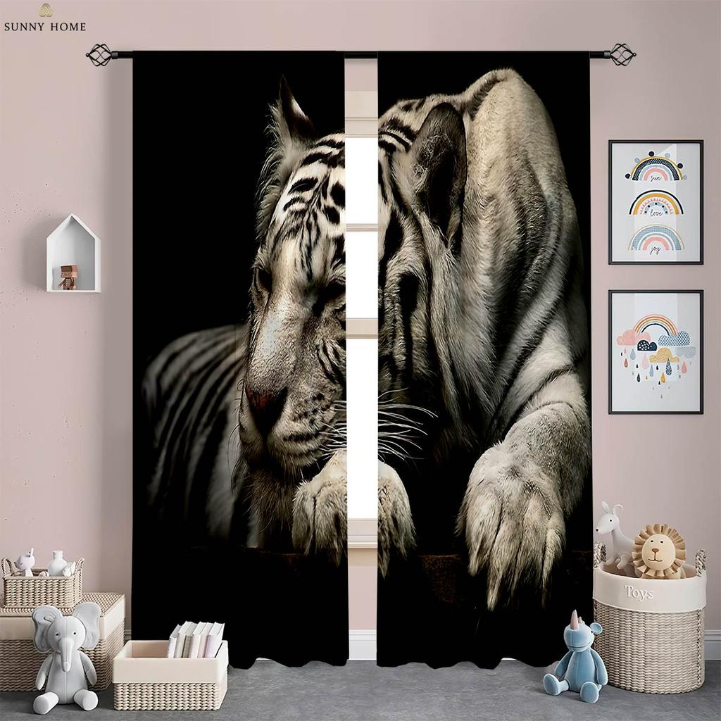Cool Black And White Tiger 3D tištěné závěsy Kuchyně Obývací pokoj Ložnice Studovna Dekorativní tyčové kapesní závěsy 2 kusy