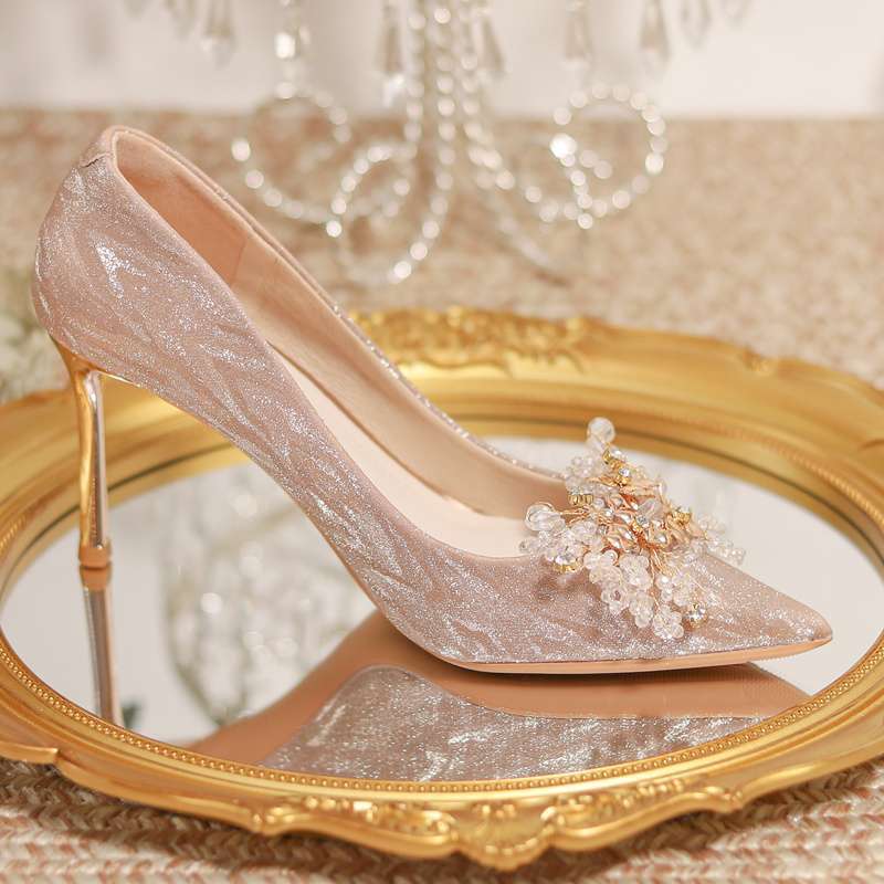 Champagne wedding shoes main wedding dress show two wear toast crystal shoes bride shoes gold engagement stiletto high heels women