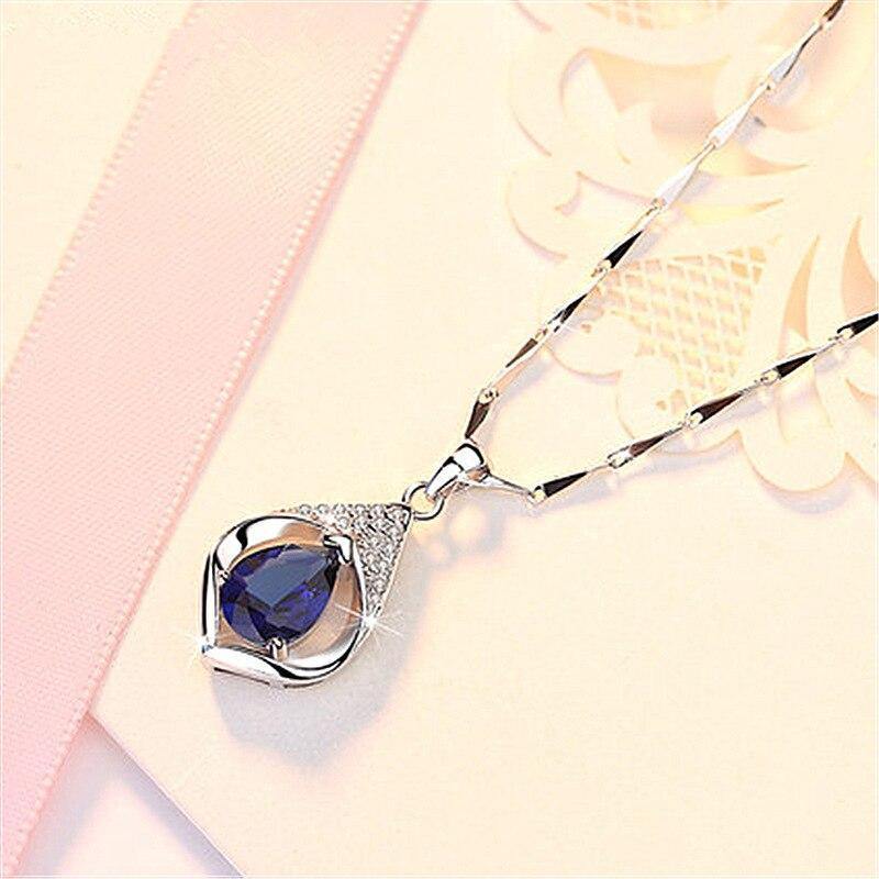 Silver Plated Teardrop Blue CZ Pendant Necklace, Elegant Geometric Openwork Crystal Necklace for Women
