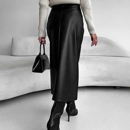 Autumn Winter Retro Skirt Faux Leather High Waist Skirt with Side Slits Solid Color Windproof Midi Skirt