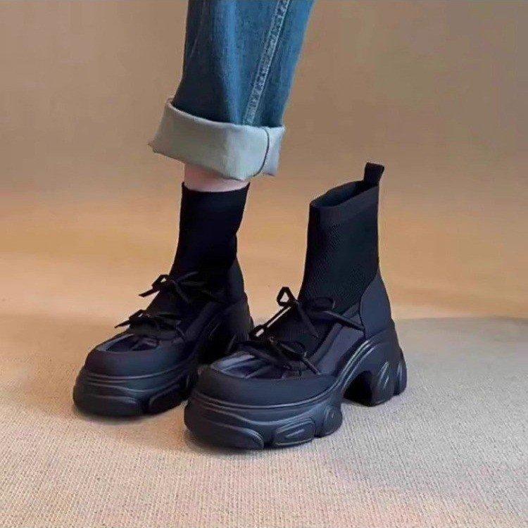 Sheepskin version~ 2025 new leather thick-soled elastic boots women's British style splicing bow muffin bottom thin boots