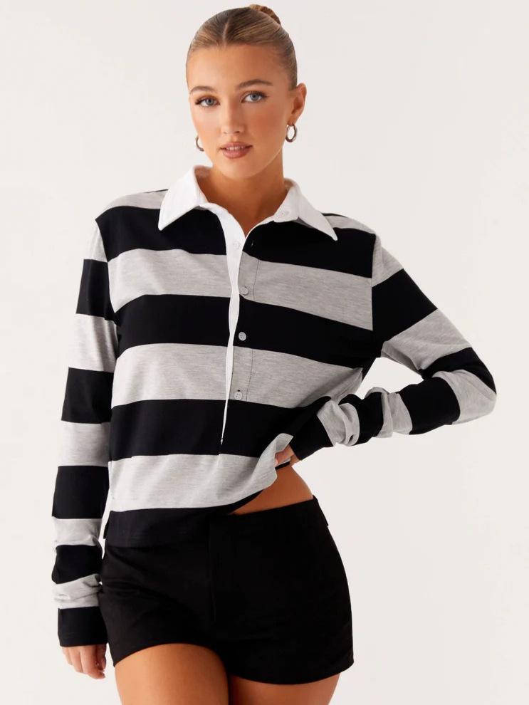 Autumn Striped Polo Top - Women's Versatile Long-Sleeve with Turn-Down Collar