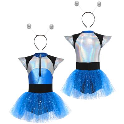 2-teiliges Alien-Cosplay-Kostüm für Kinder, Mädchen, Halloween, kurzärmlig, Patchwork, glänzendes Paillettenkleid, Bodysuit mit Alien-Haarreif, Set für Partys