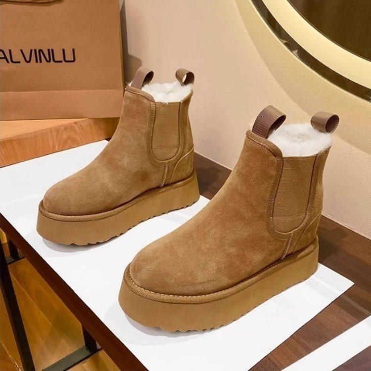 2025 autumn and winter thick soles heightened high heels piled thickened warm snow boots Korean version women's elastic cotton shoes muffin sole