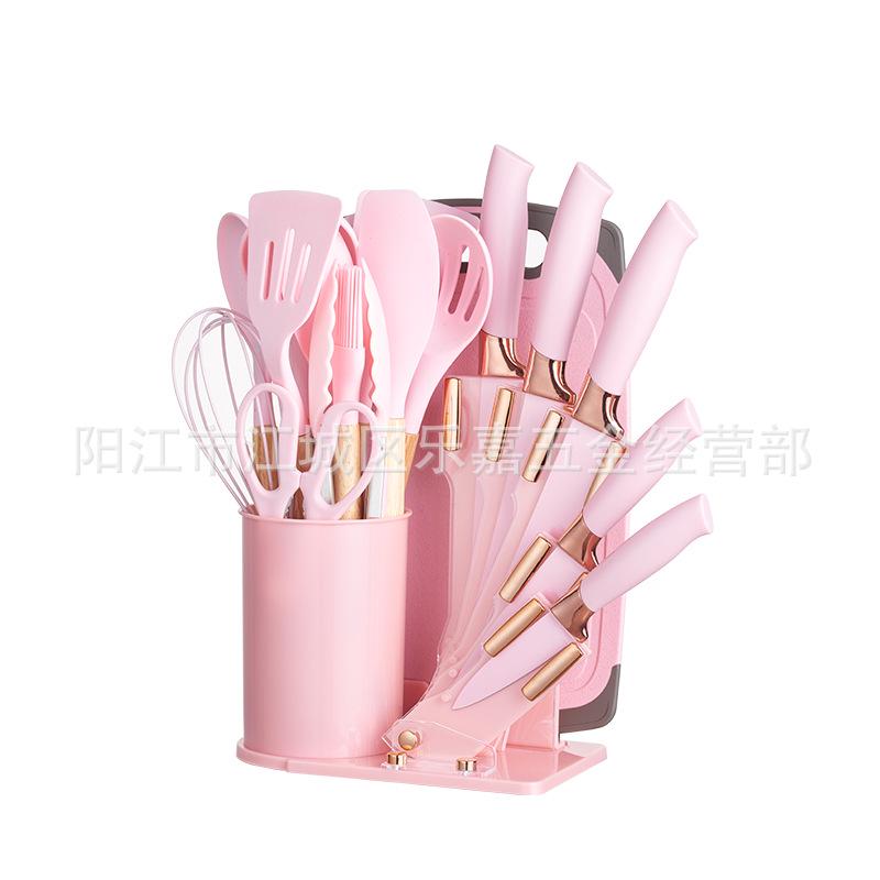 19-Piece Non-Stick Silicone Kitchen Utensil Set with Knives and Storage Bucket