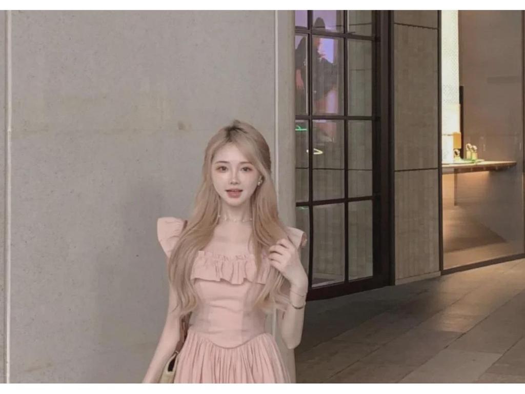 Rosa Rüschen Ärmellos Flatterärmel Quadratischer Ausschnitt Langes Kleid - Sommer 2024