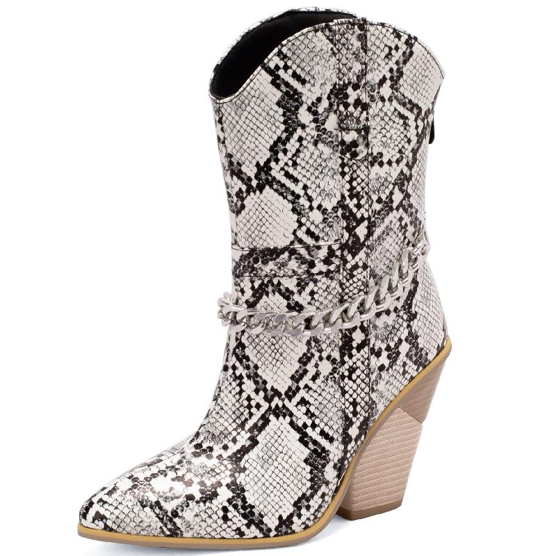 Fashion Western Cowboy Boots For Women Sexy Chain Ankle Boots For Women Wedges Heels Black Yellow White Autumn Winter Shoes Large Size