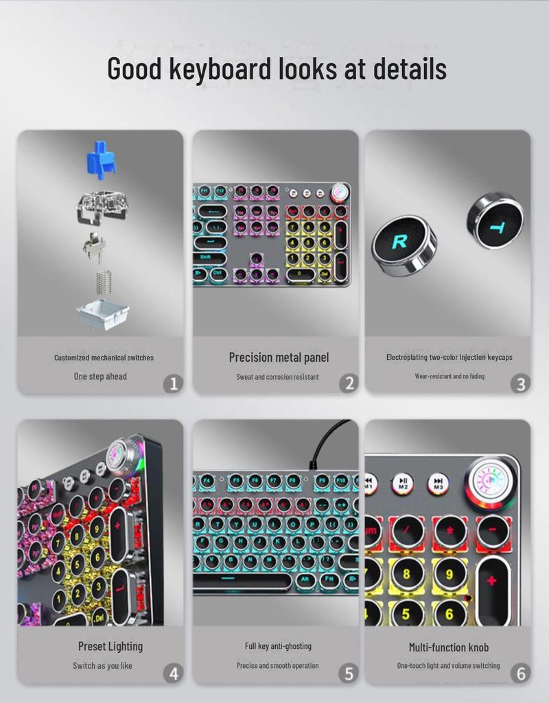 Wired TK100 Retro Steampunk Mechanical Gaming Keyboard with Blue Axis and Knob