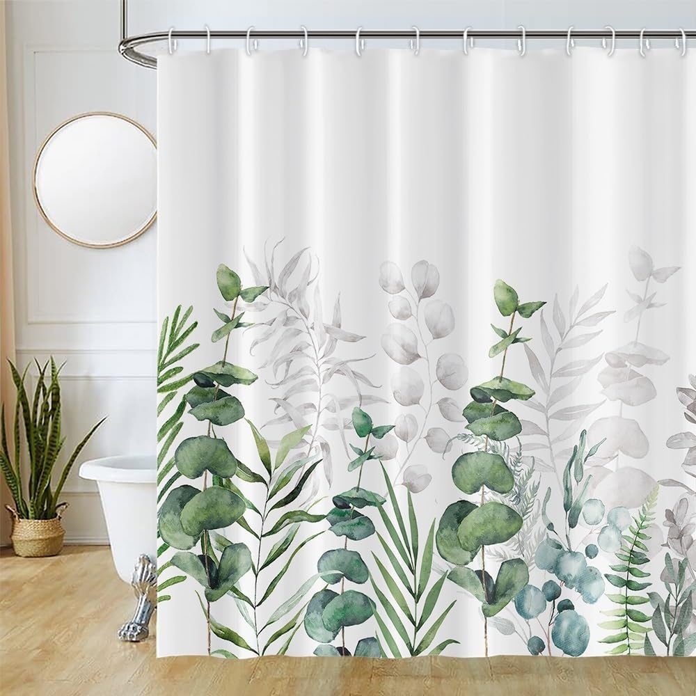 Green Plant Leaf Pattern Shower Curtain Waterproof Polyester Fabric Bathroom Decorative Shower Curtain 12 Hooks