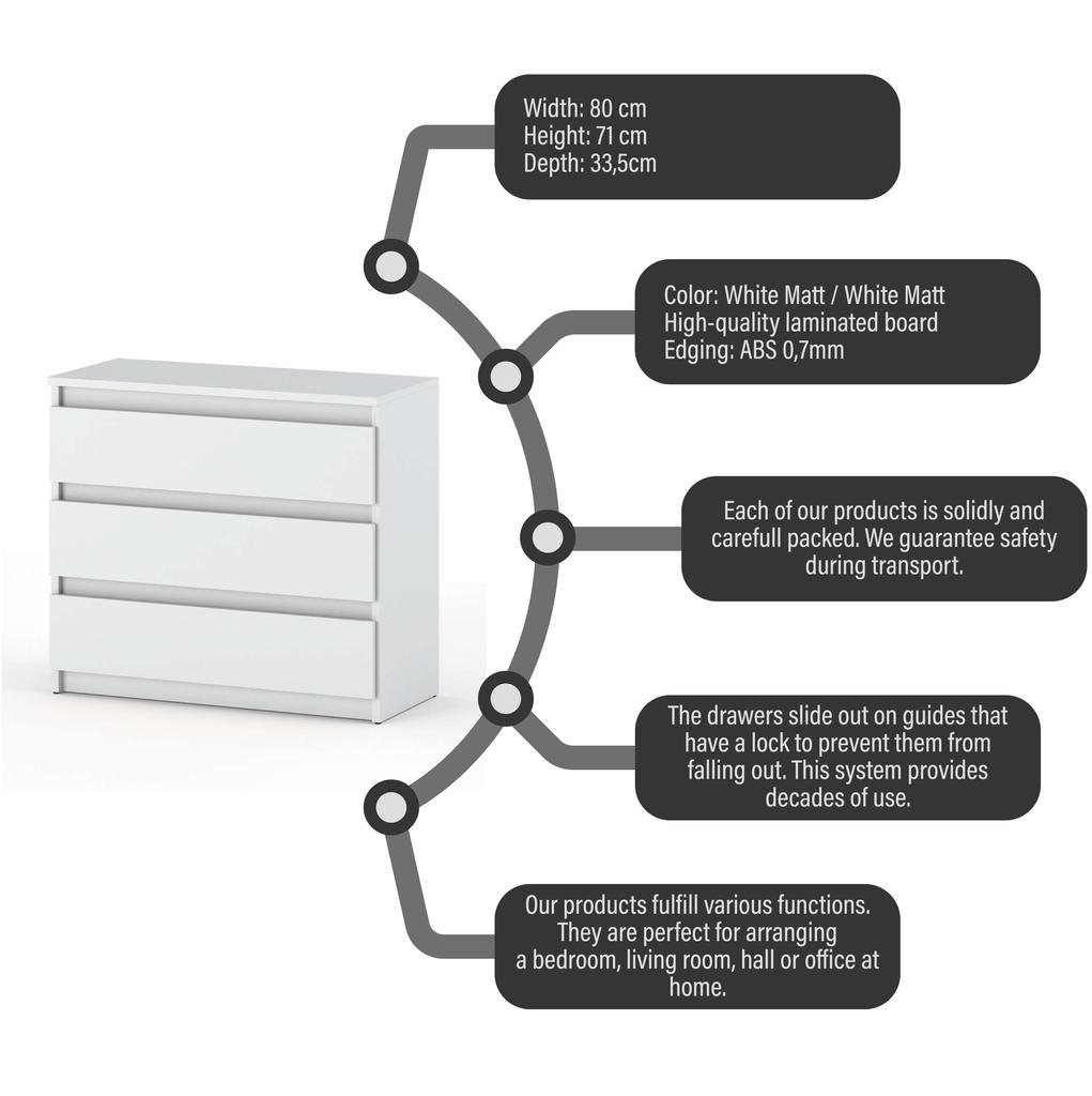 Weiße Kommode 80 CM 3S TV-Schrank Möbel für Wohnzimmer Schlafzimmer Dachboden