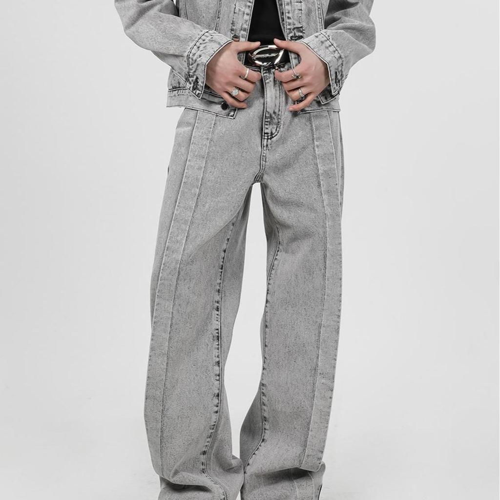 Men's Distressed Patchwork Denim Jacket with Shoulder Pads - Two-Piece Set