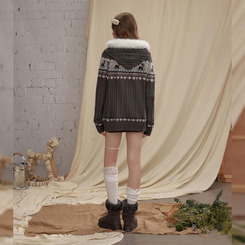 UNIFREE Retro Fair Isle Jacquard Hooded Sweater with Faux Fur Collar