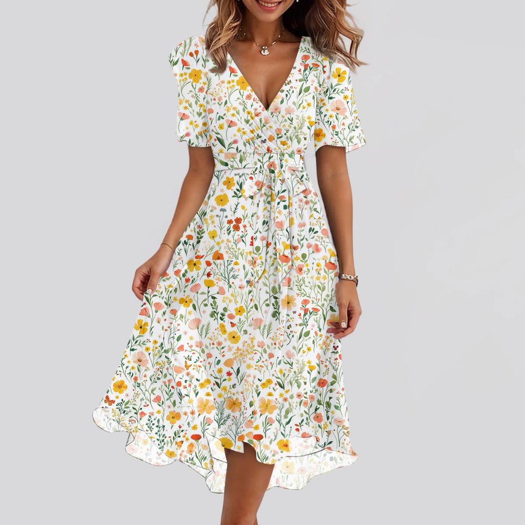 Damen Sommer Blumenmuster Lässig Wickel V-Ausschnitt Rüschen Kapuze Kurze Ärmel Gürtel A-Linie Rüschensaum Midi Sommerkleid