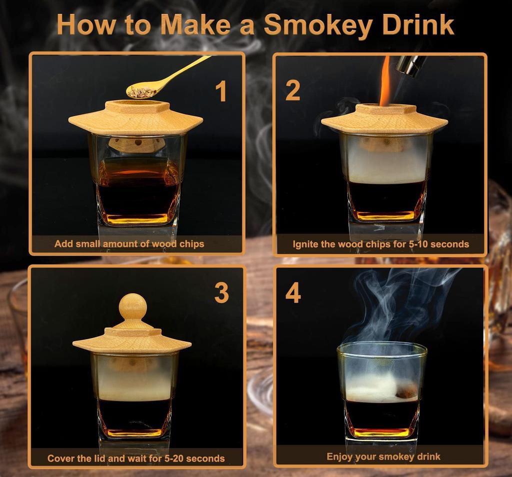 Cocktail-Räucherset für Bourbon Whiskey Geschenke für Männer Getränke-Räuchergerät Infuser Old Fashioned Räucherset mit Holzchips für Barwerkzeug
